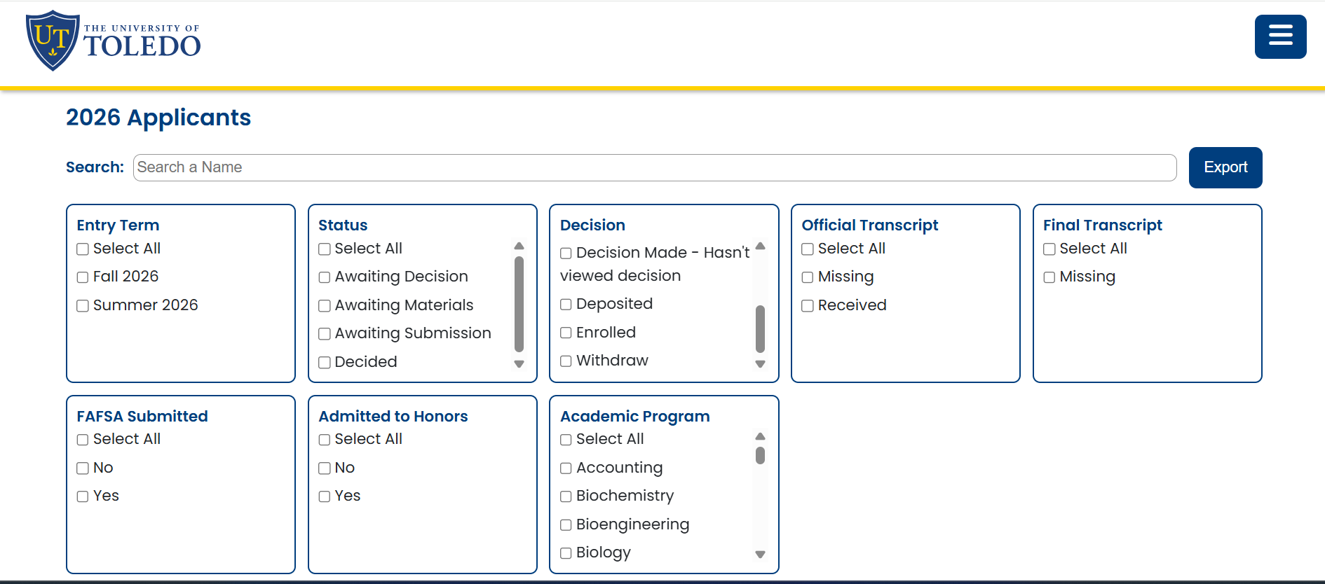 a screenshot of the applicant view in the school counselor portal